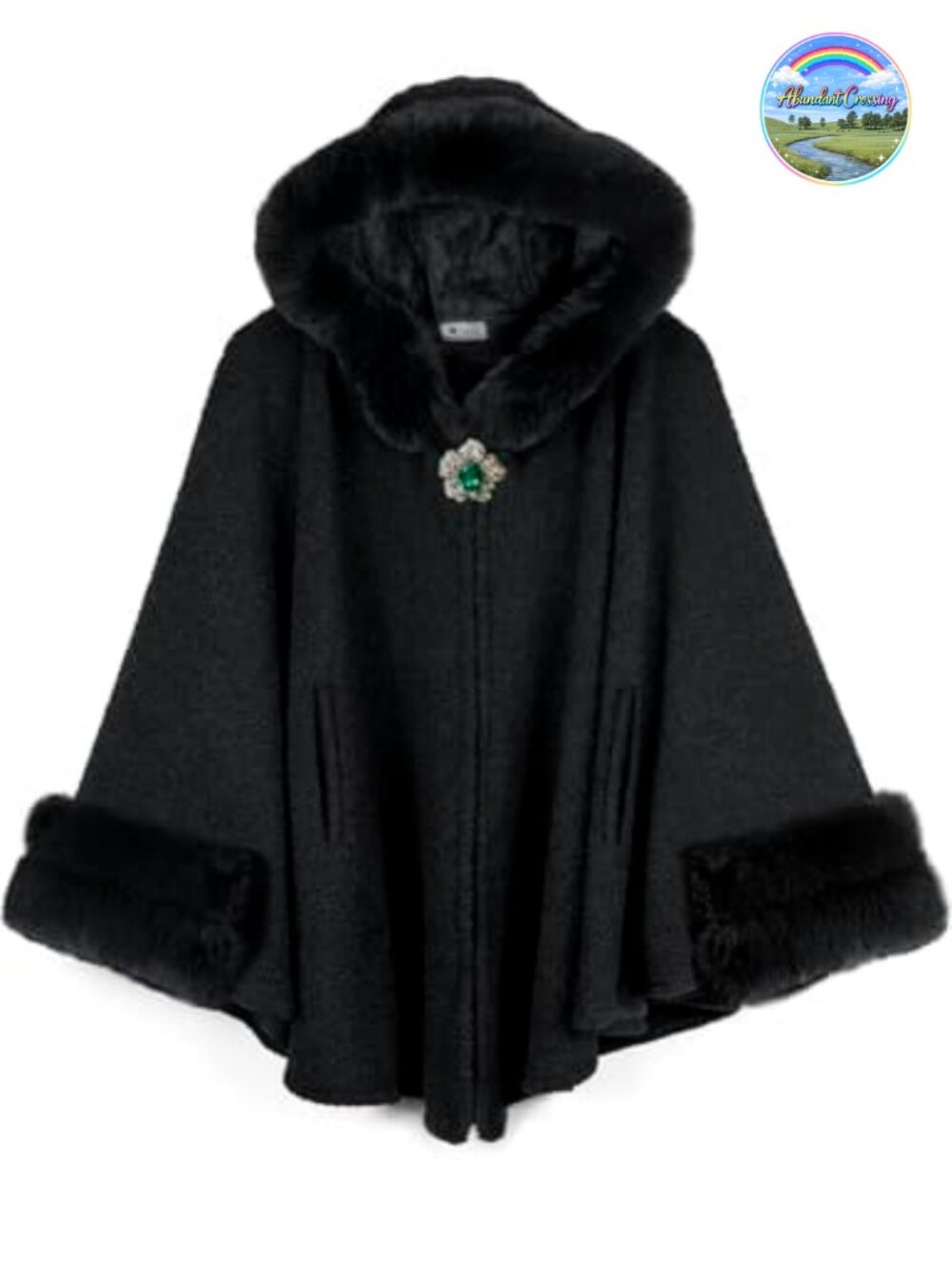 Faux Fur Trim Hooded Cape Coat Fleece Lined Poncho Winter Cloak